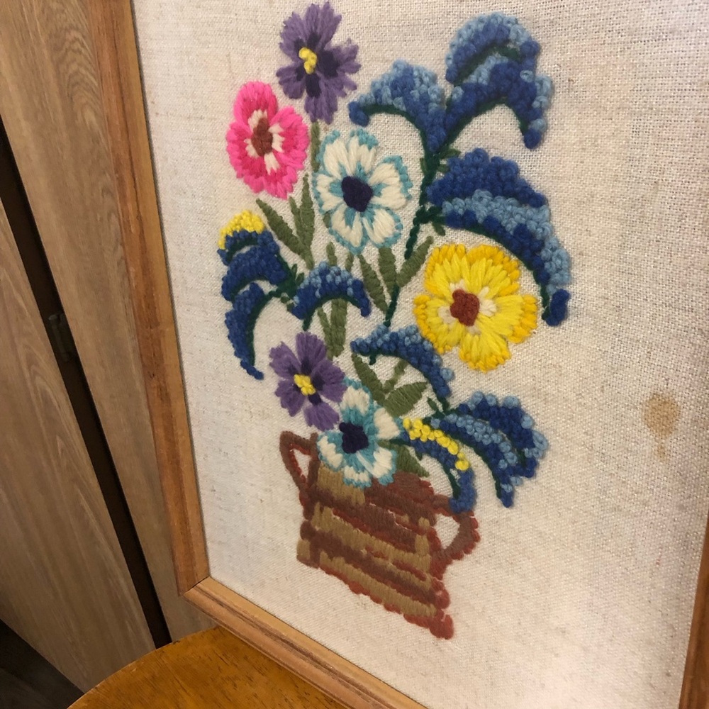 Vintage Floral Embroidery Art - Yellow, Pink, Blue - Picture 3 of 4
